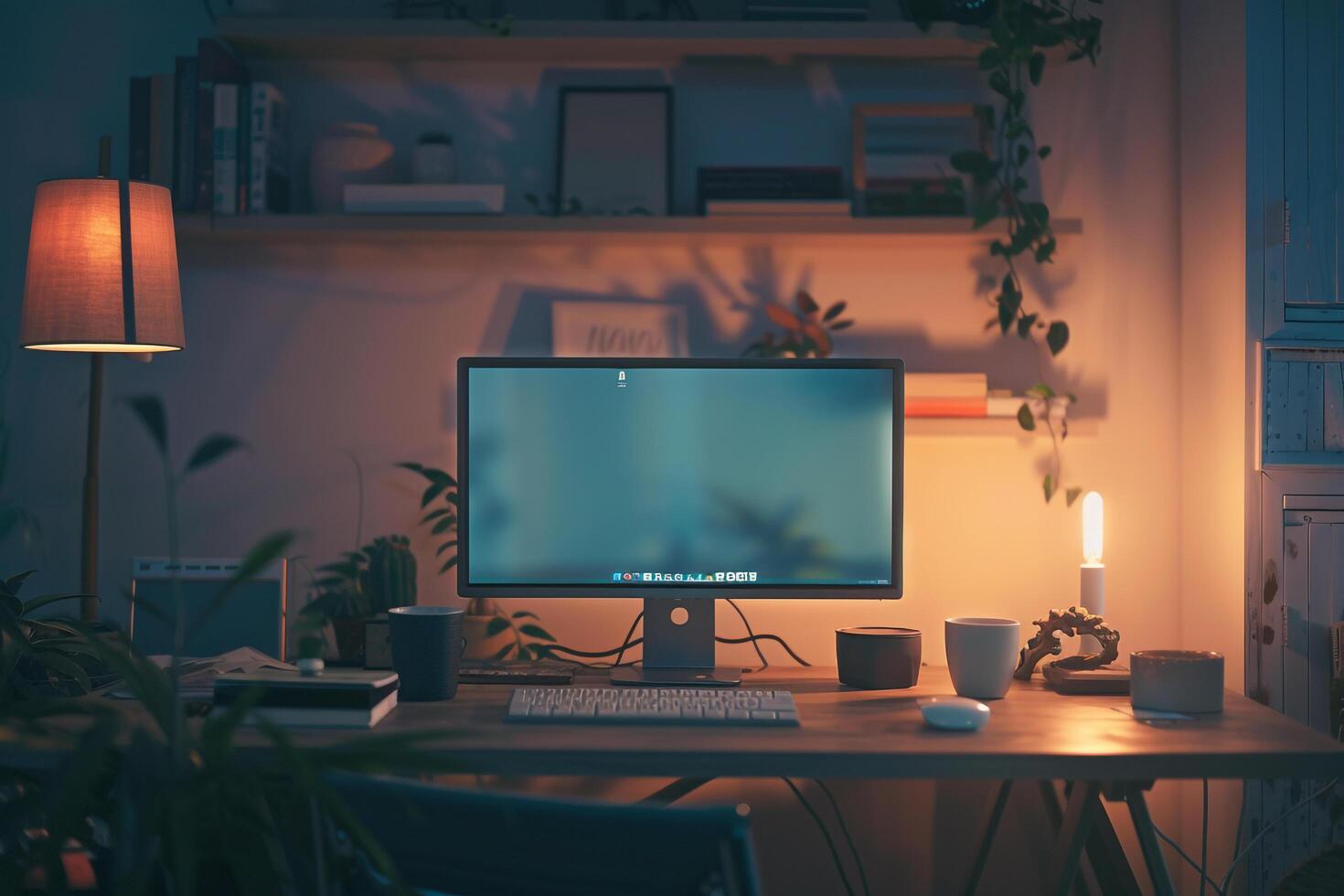 Stylish Desktop Computer Mockup with a Warm and Comfortable Setup for Home Office Work photo