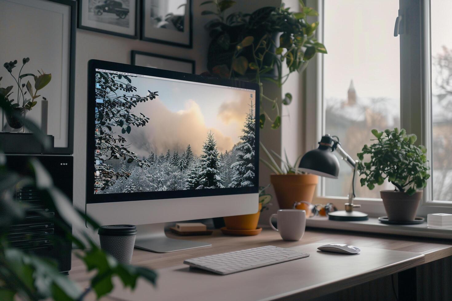Stylish Cozy Desktop Computer Mockup in Contemporary  Background photo