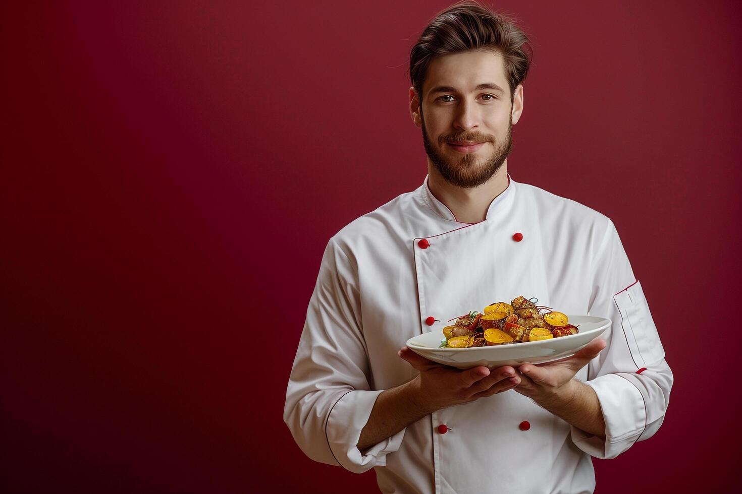 Chef Hing Plated Dish in Kitchen Background photo