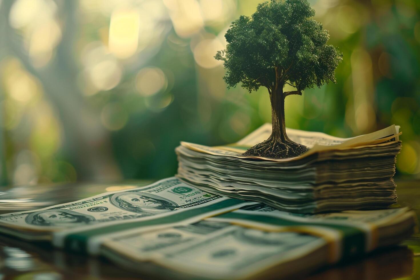 Small Tree Growing from Dollar Bills Financial Growth Background photo
