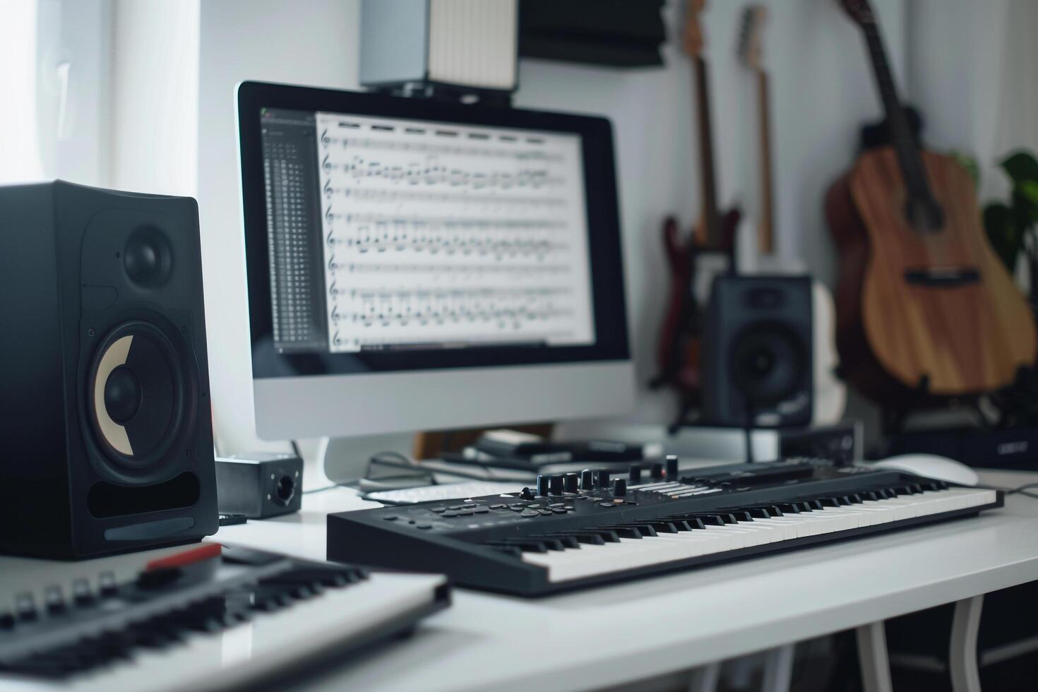Computer Mockup Background on White Desk Tech Accessories photo