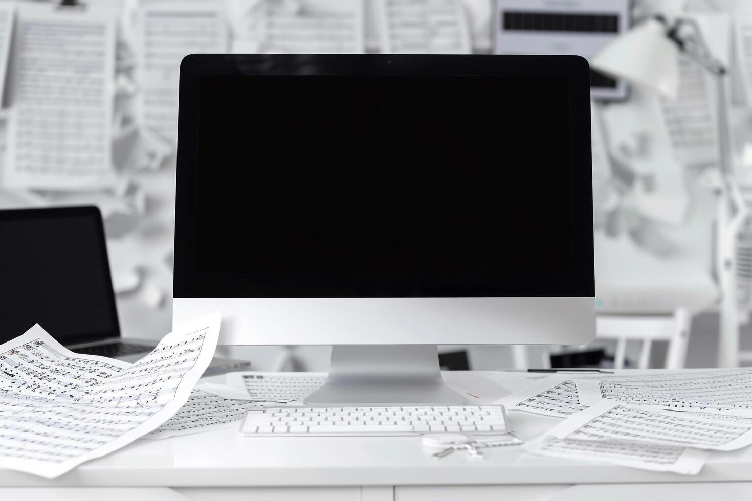 Computer Mockup Background on White Desk  Editing Tools photo