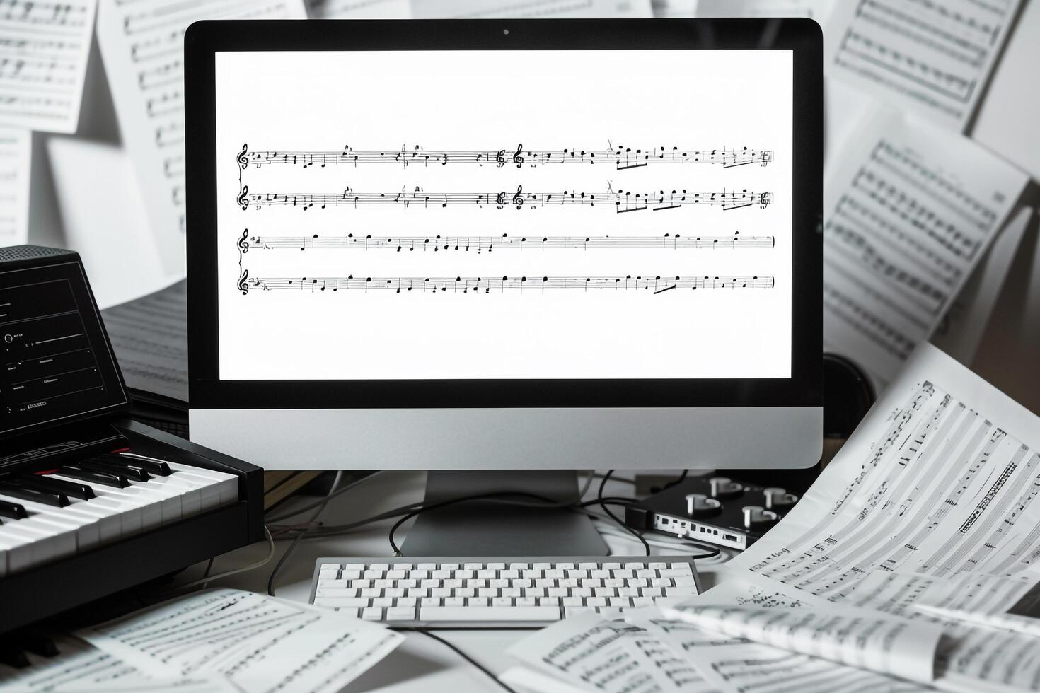 Computer Mockup Background on White Desk  Editing Tools photo