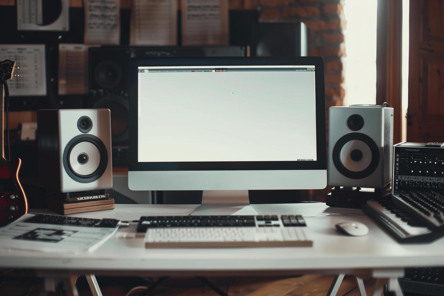 Computer Mockup Background on White Desk Camera Gear photo