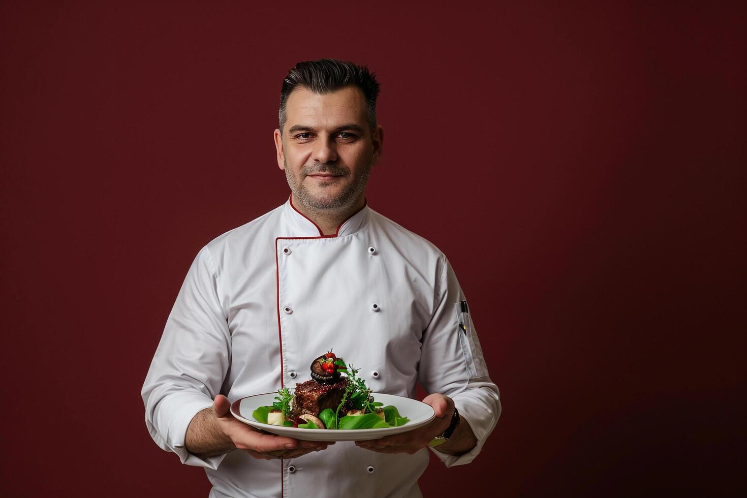 Chef Hing Plated Dish in Culinary Kitchen Background photo