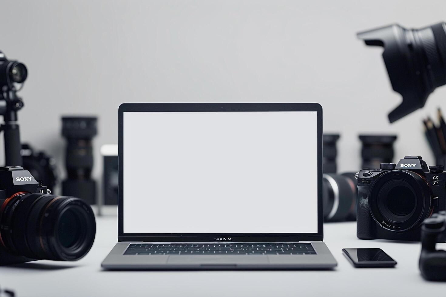 Laptop Mockup Background Surrounded by Camera Gear photo