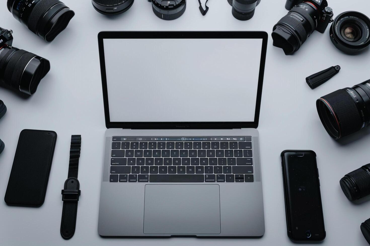 Laptop Mockup Background Surrounded by Camera Gear photo