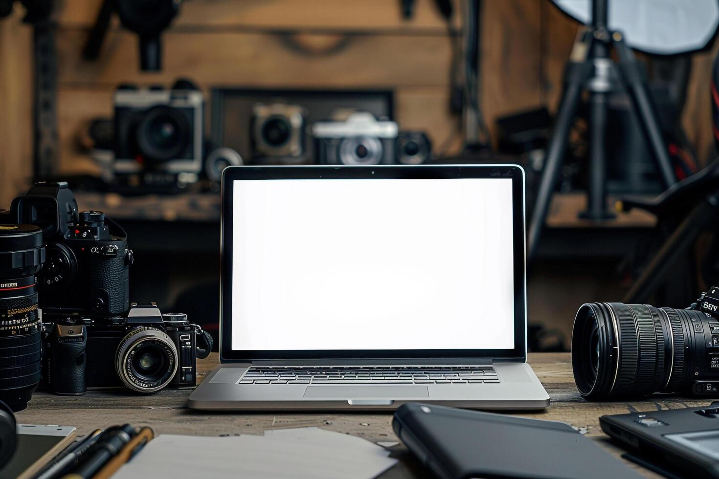 Laptop Mockup Background for Editing s Surrounded by Camera Gear photo