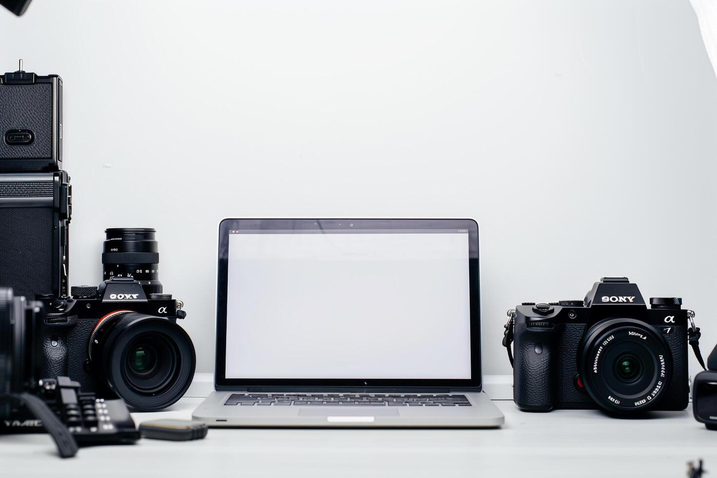 Laptop Mockup Background Surrounded by Camera Gear photo