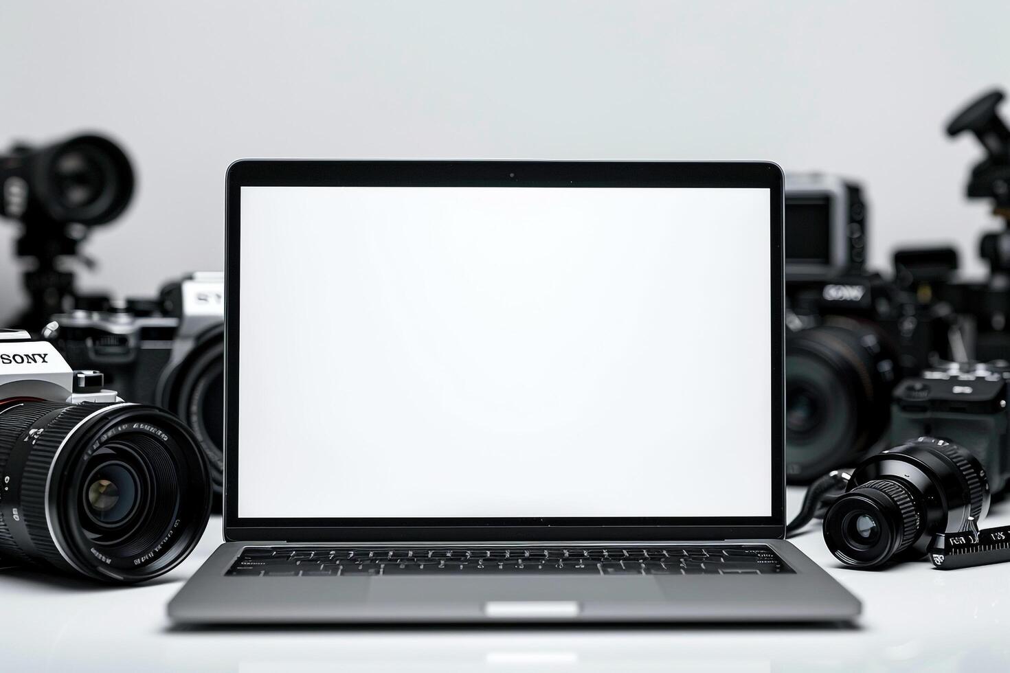Laptop Mockup Background Surrounded by Camera Gear photo