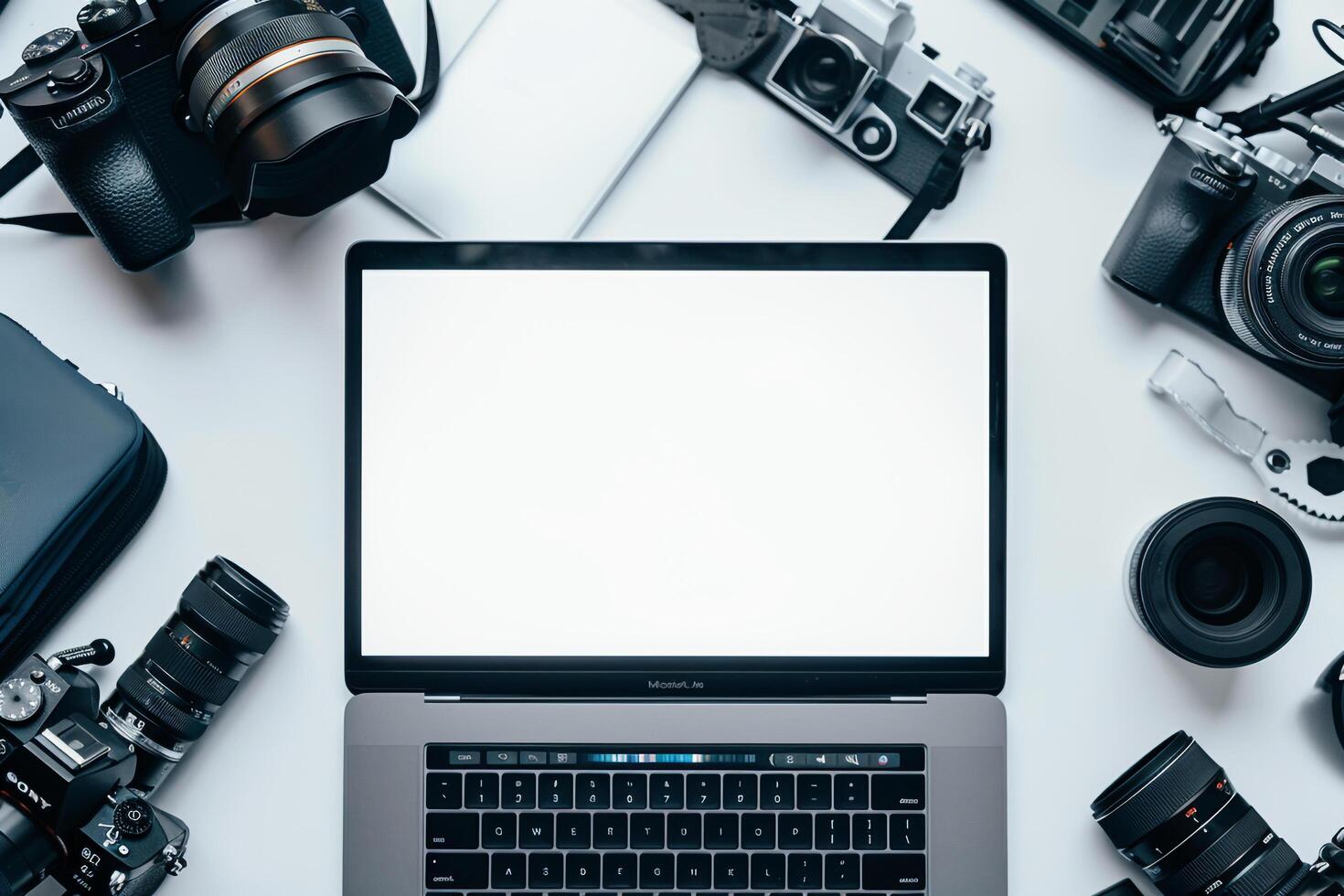 Laptop Mockup Background Surrounded by Camera Gear photo