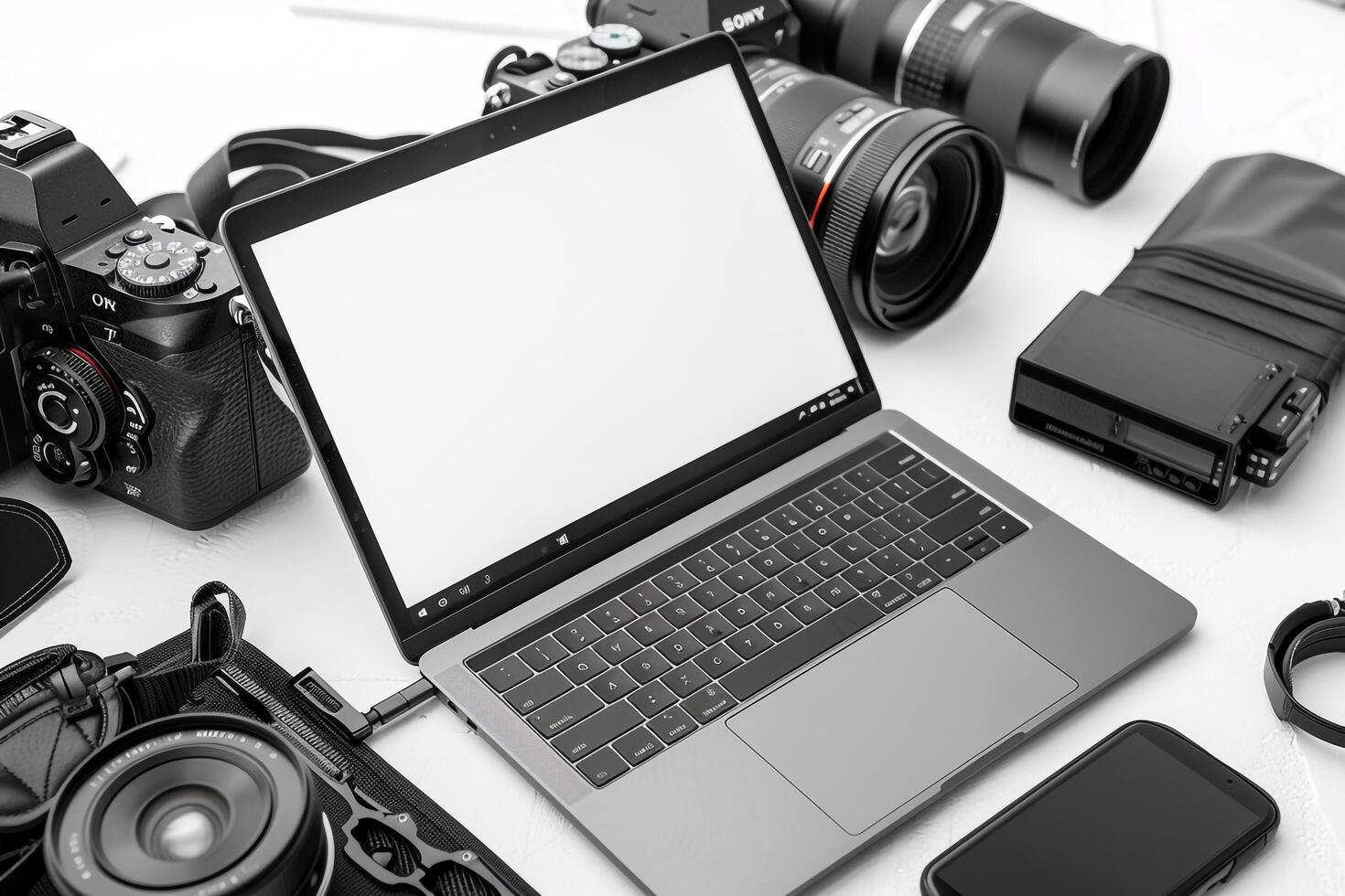 Laptop Mockup Background Surrounded by Camera Gear photo