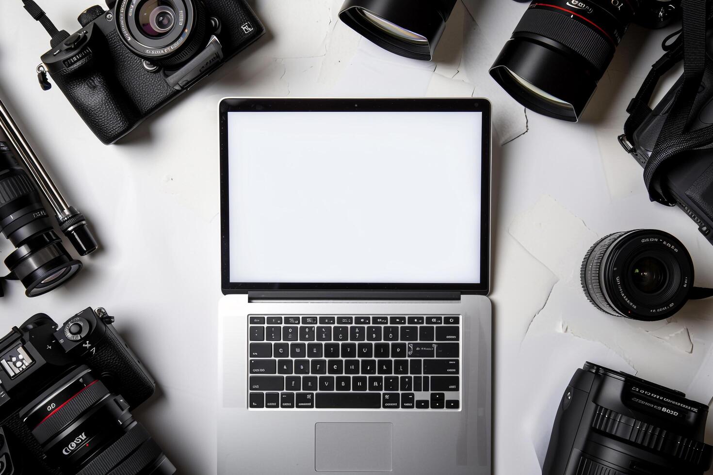 Laptop Mockup Background Surrounded by Camera Gear photo