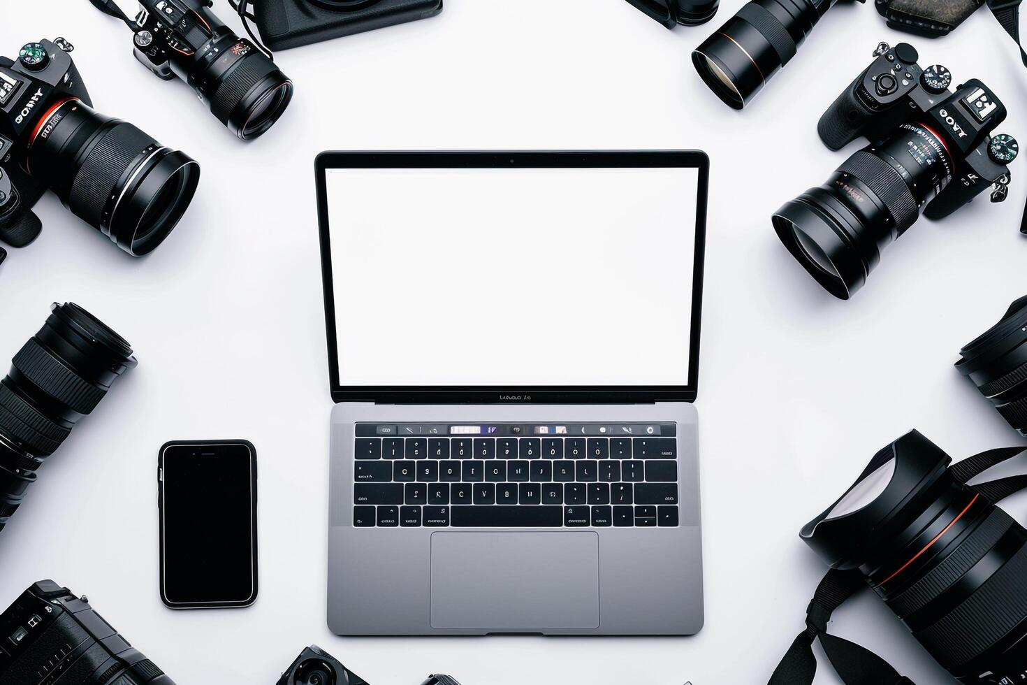Laptop Mockup Background Surrounded by Camera Gear photo