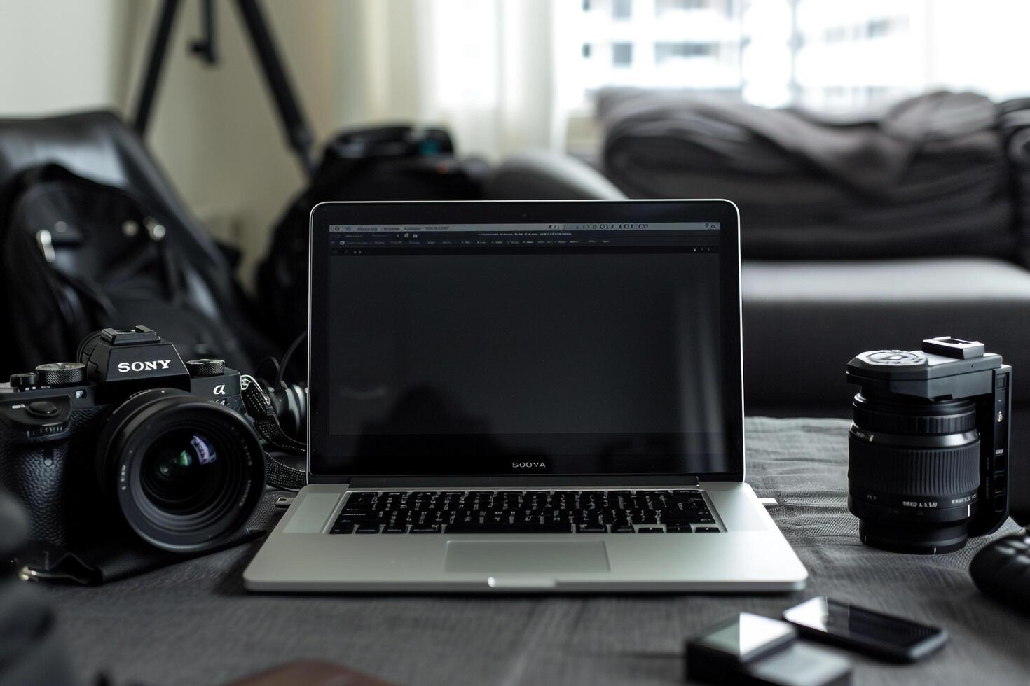 Laptop Mockup Background for Editing s Surrounded by Camera Gear photo