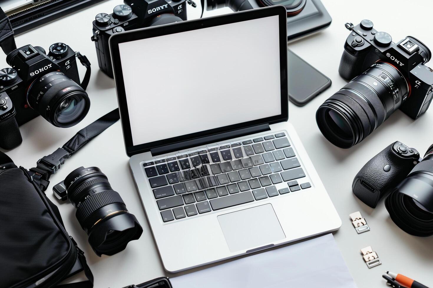 Laptop Mockup Background Surrounded by Camera Gear photo