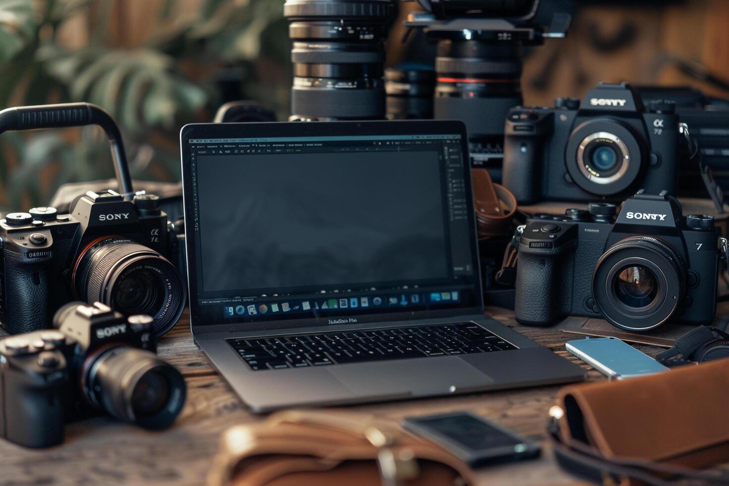 Laptop Mockup Background for Editing s Surrounded by Camera Gear photo