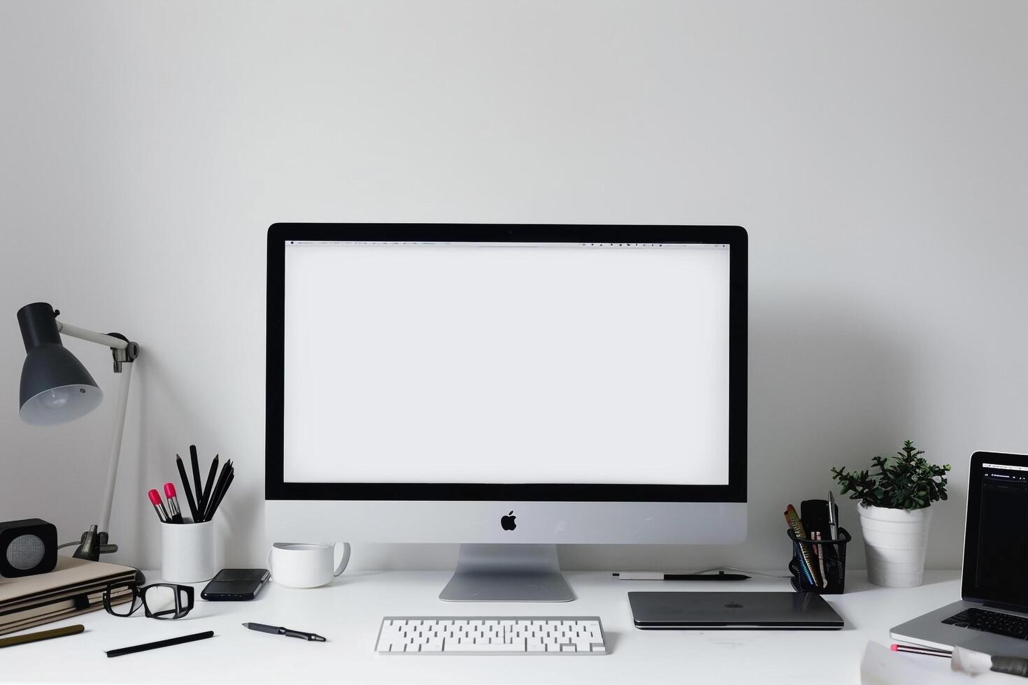 Computer Mockup Background on White Desk with  Editing Tools photo