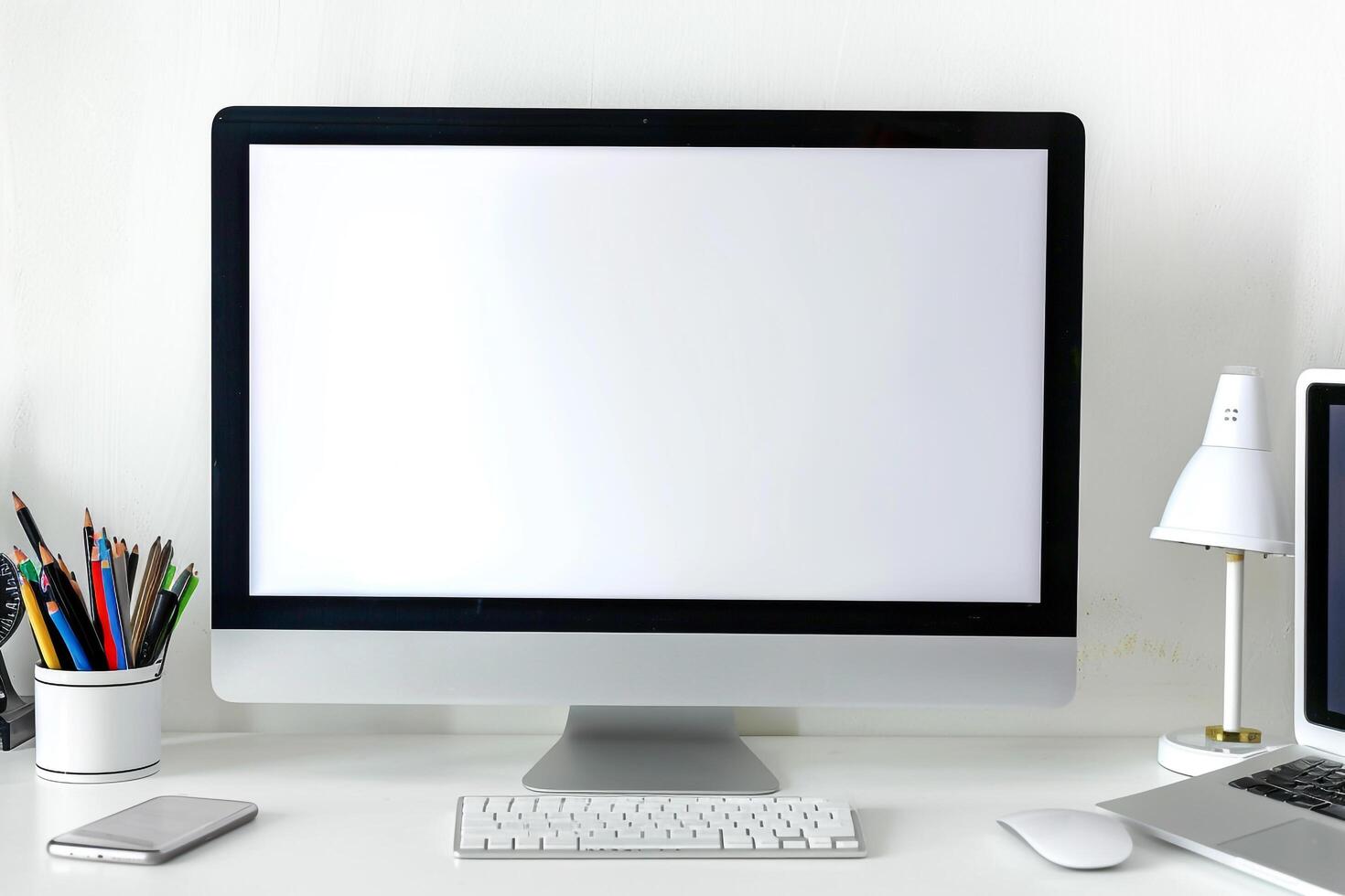Computer Mockup Background on White Desk with  Editing Tools photo