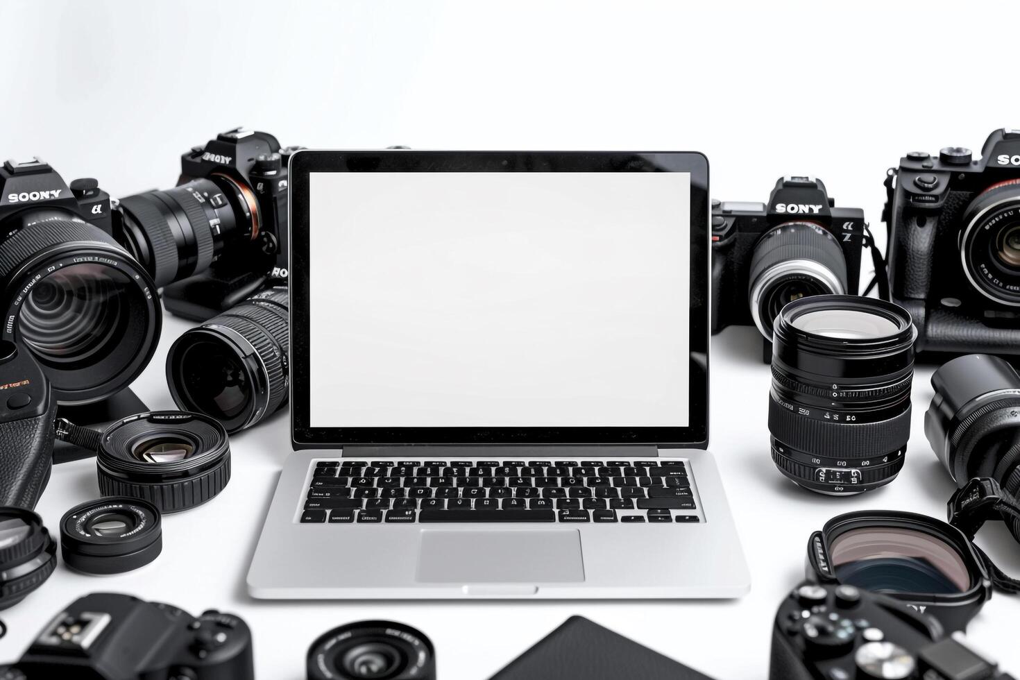 Laptop Mockup Background Surrounded by Camera Gear photo