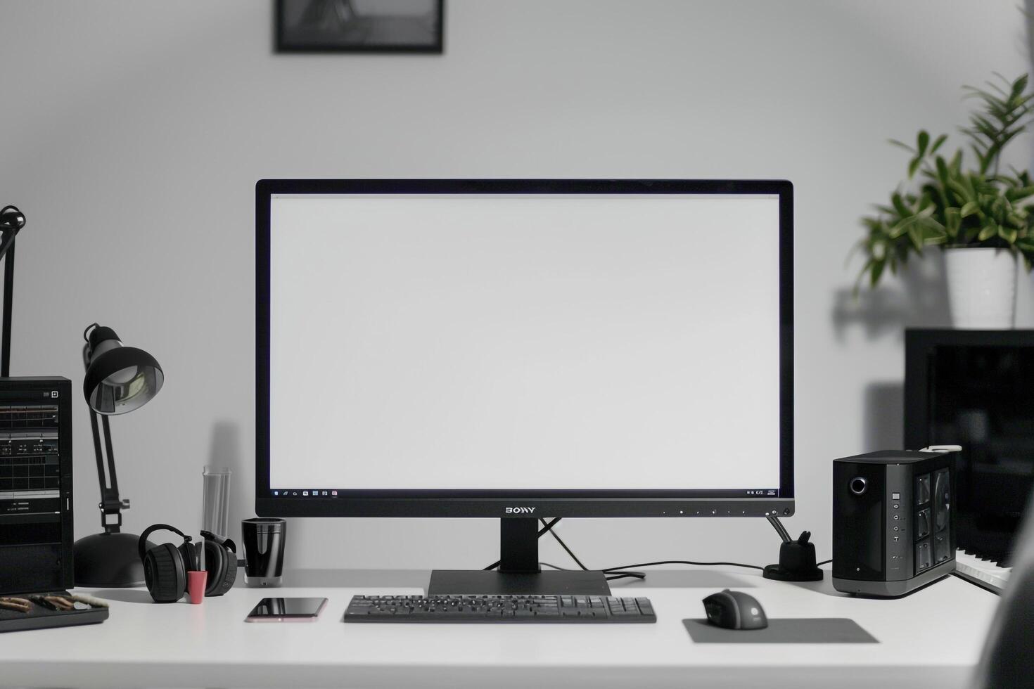 Computer Mockup Background on a white desk with various  editing tools scattered around Background photo