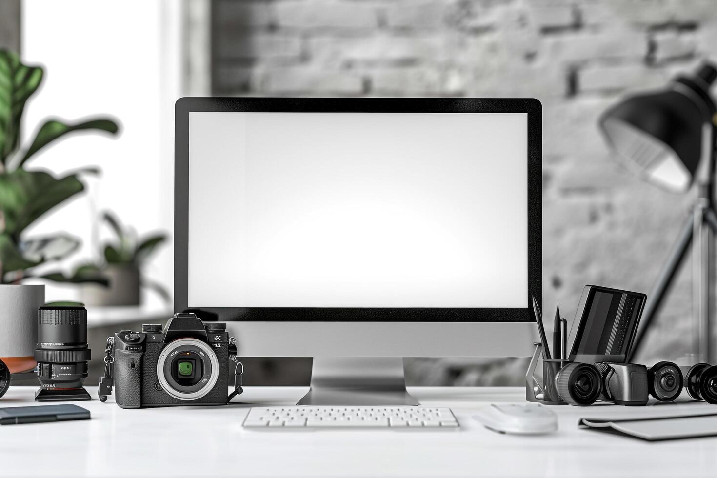 Computer Mockup Background on White Desk with  Editing Tools photo