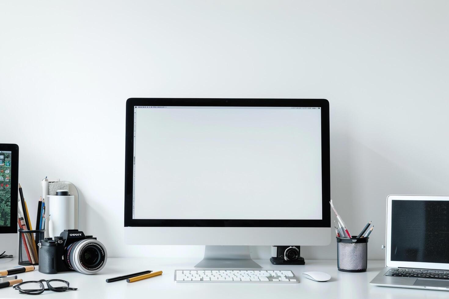 Computer Mockup Background on a white desk with  editing tools and accessories scattered Background photo