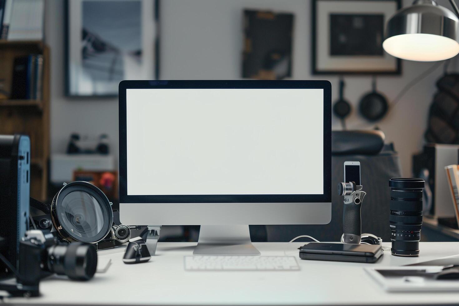 Computer Mockup Background on a white desk with various graphy gear surrounding it Background photo