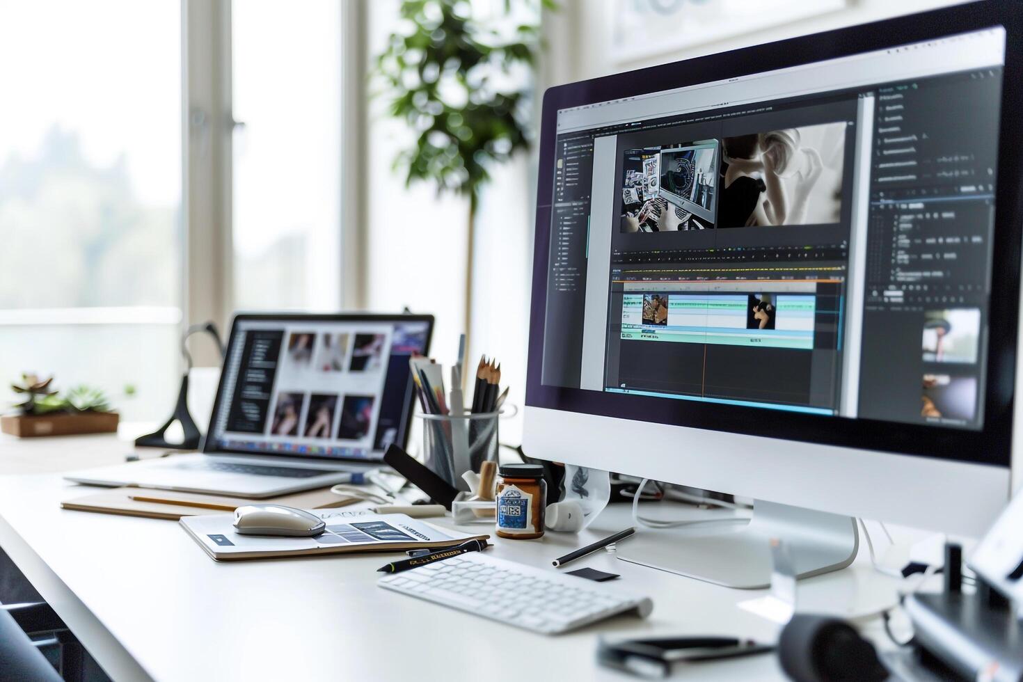 Computer Mockup Background on a white desk featuring  editing tools and  gadgets Background photo