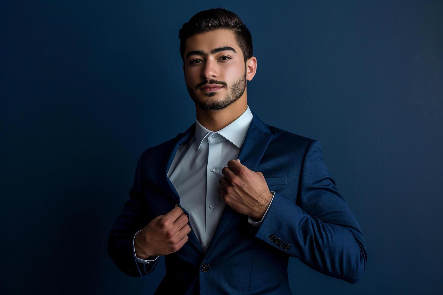 Model in formal attire standingclassic navy blue background exuding elegance and class Background photo
