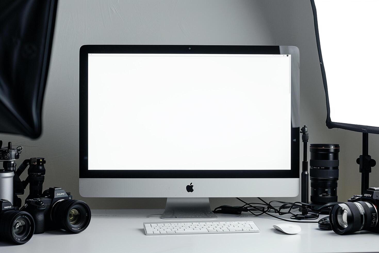 Computer Mockup Background on a white desk with various graphy gear and tech equipment Background photo