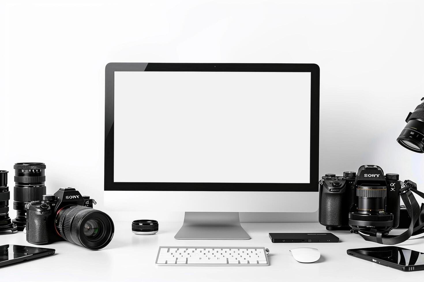 Computer Mockup Background on a white desk with graphy gear and accessories around Background photo