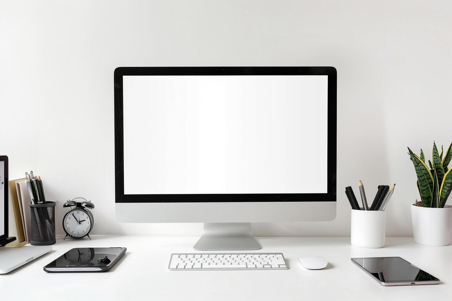 Computer Mockup Background on a white desk with scattered  editing tools and gadgets Background photo