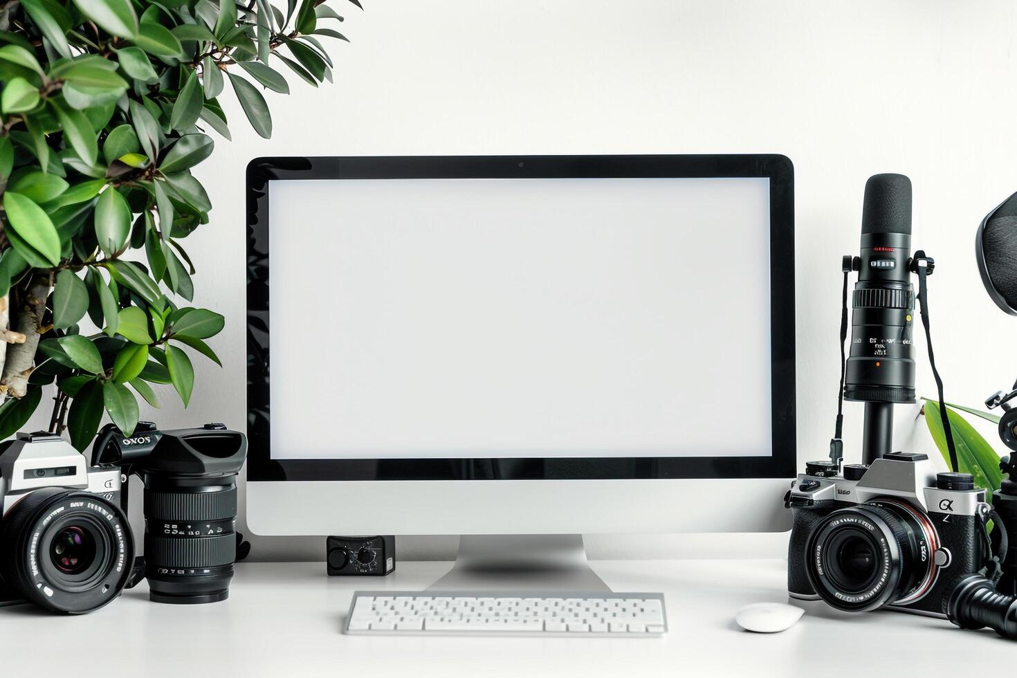 Computer Mockup Background on a white desk with various graphy gear and  tech Background photo