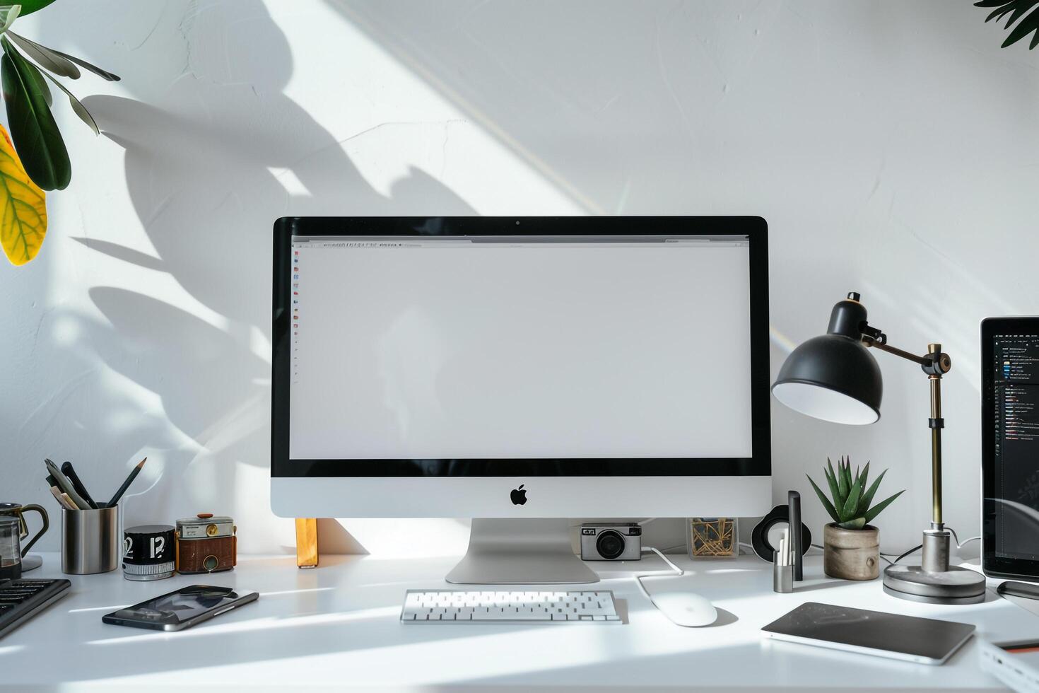 Computer Mockup Background on a white desk with  editing tools and professional equipment Background photo