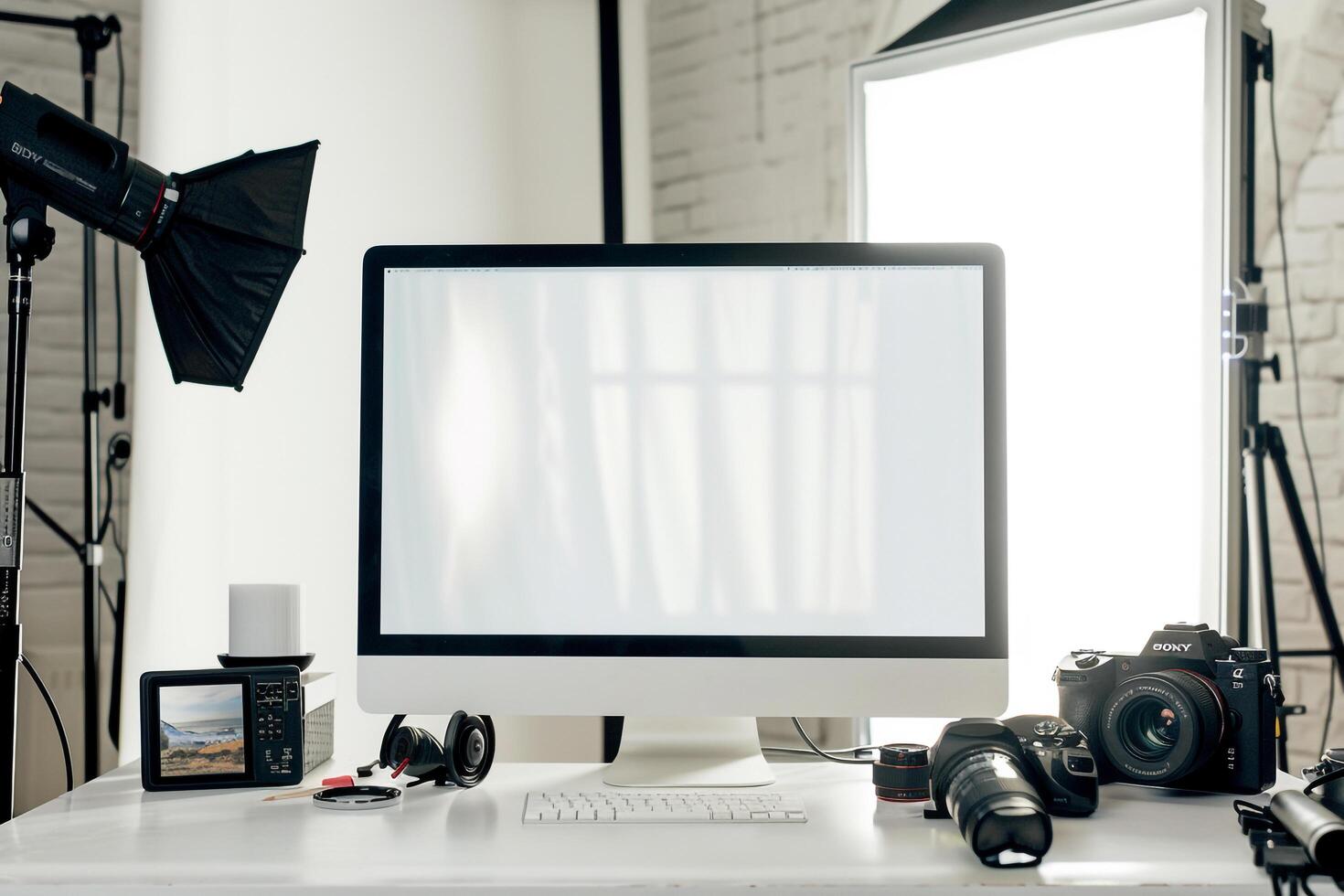 Computer Mockup Background on a white desk with graphy gear and  tech setup Background photo