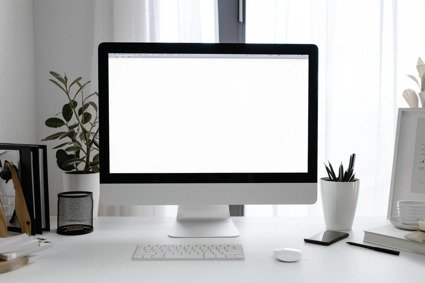 Computer Mockup Background on a white desk with scattered  editing tools and office supplies Background photo