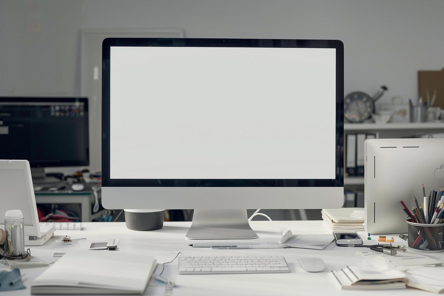 Computer Mockup Background on a white desk with scattered  editing tools and office gear Background photo