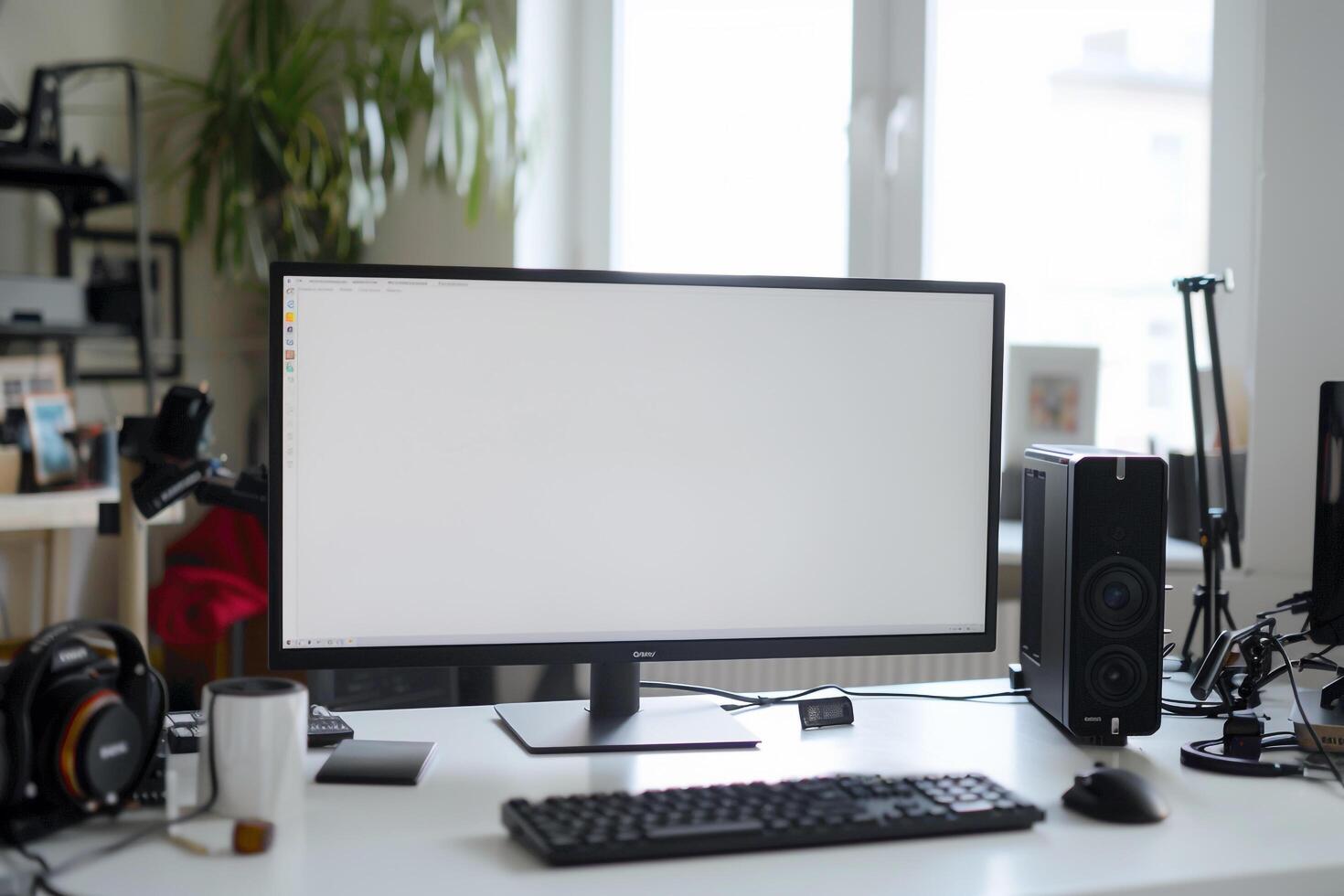 Computer Mockup Background on a white desk with  editing tools and  office gadgets Background photo