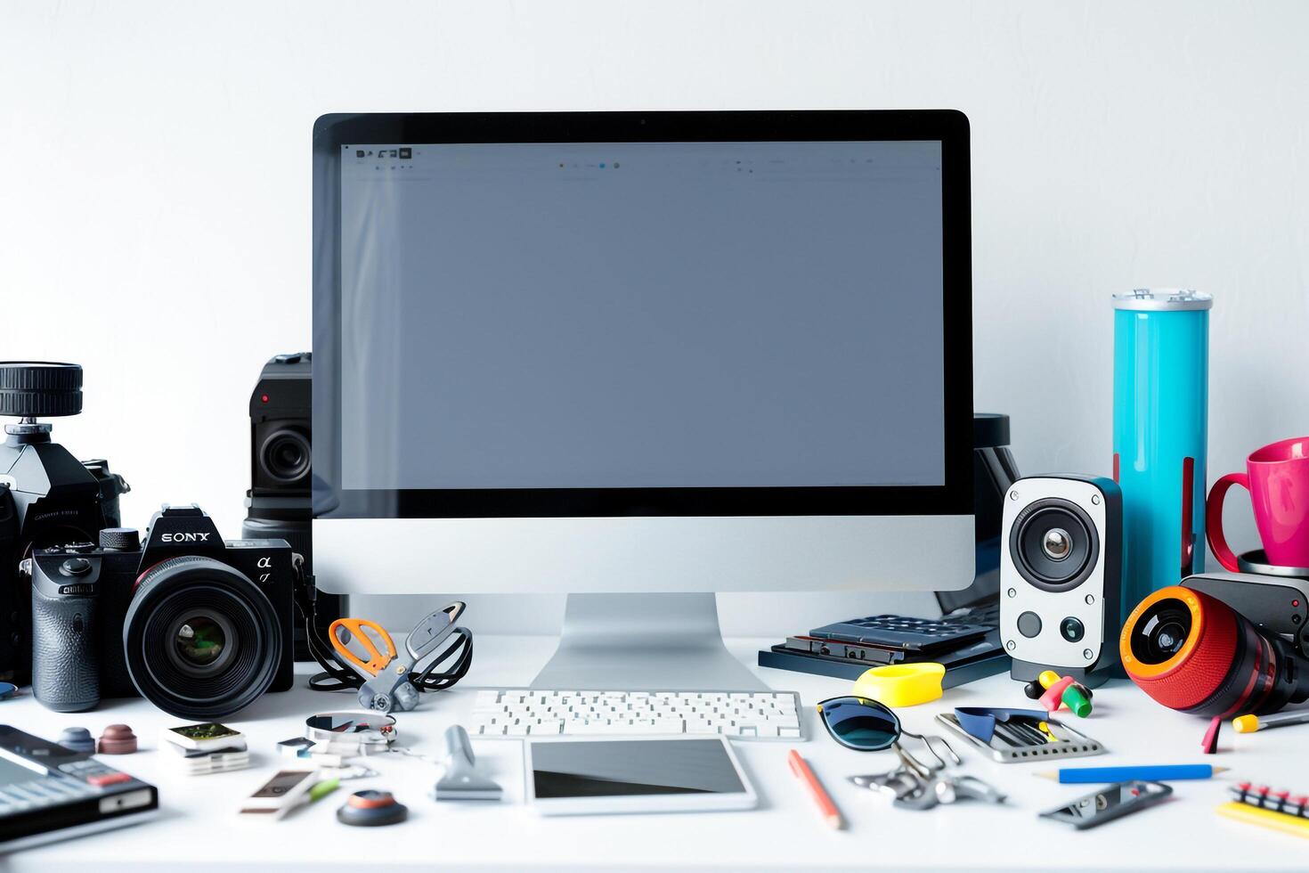 Computer Mockup Background on a white desk with  editing tools and office gadgets Background photo