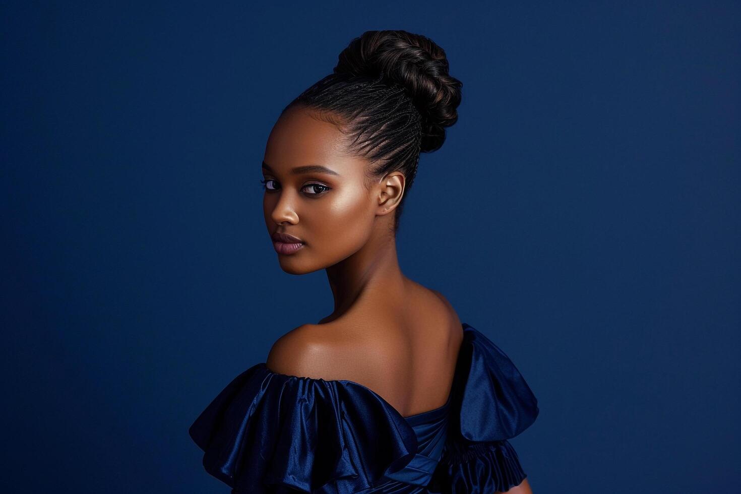 Model in formal attireclassic navy background exuding elegance and sophistication Background photo