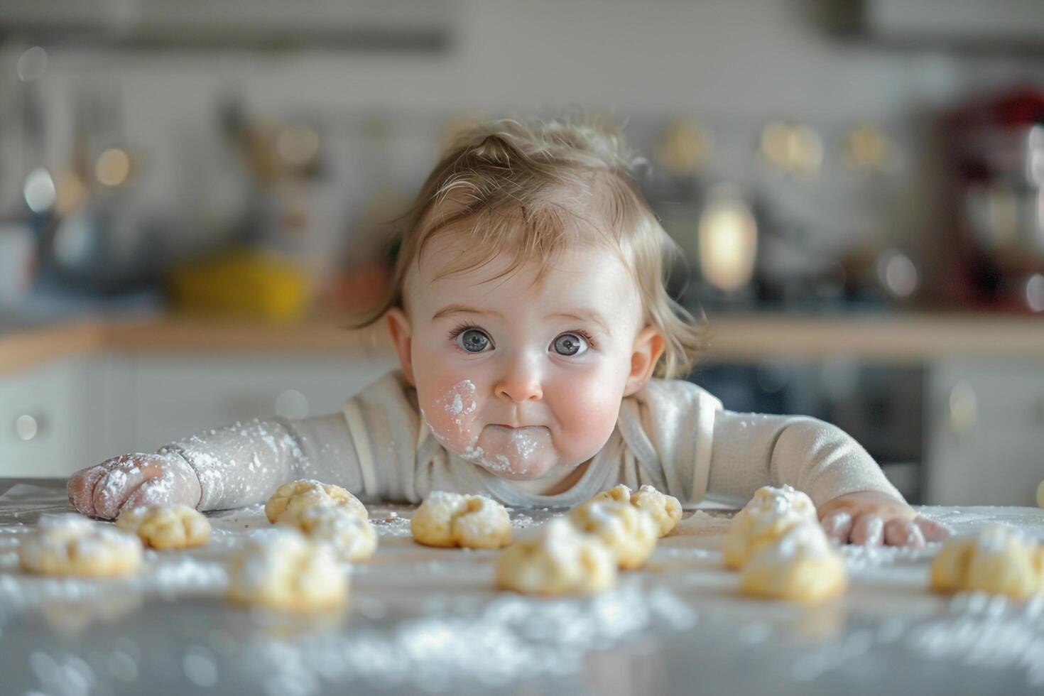 Baby Assisting in Cookie Preparation in a Kitchen for Fun Baking Activity photo