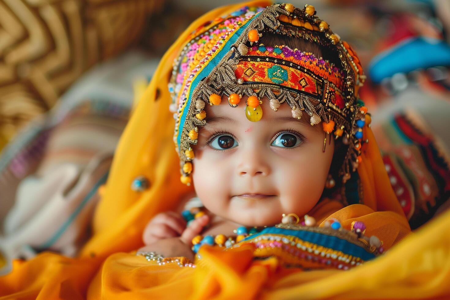 Baby in Traditional Dress with Cultural Props for Heritage and Festival Representation photo