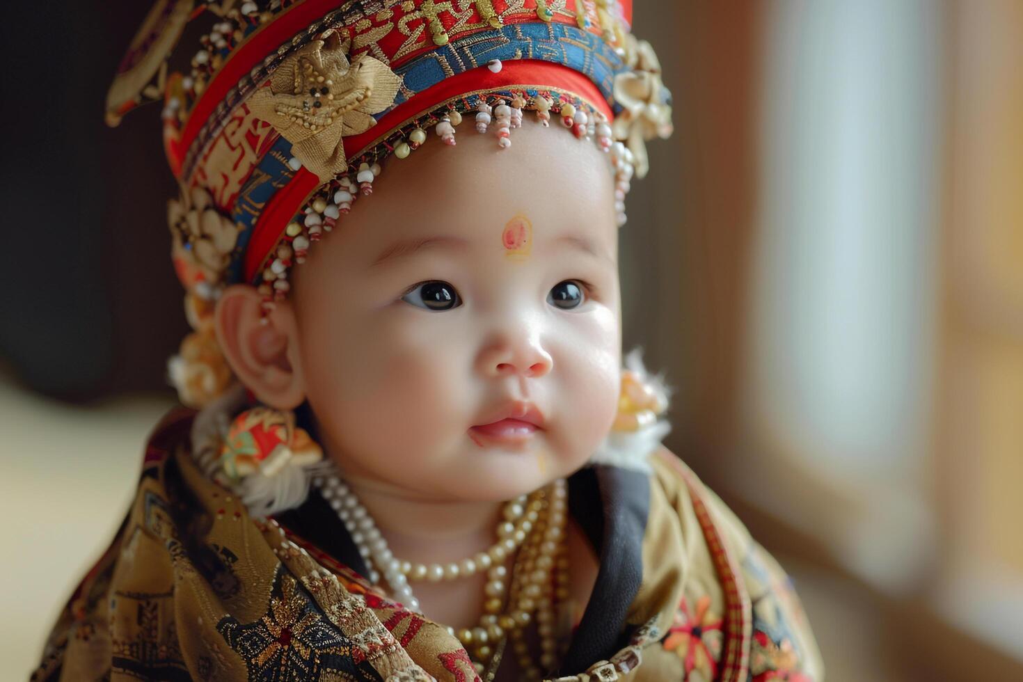 Baby in Traditional Cultural Dress with Cultural Props for Authentic Heritage Display photo