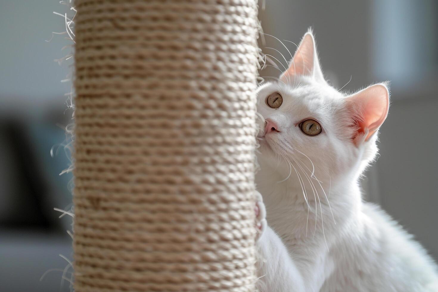 White Tabby Cat Exploring a New Scratching Post background photo