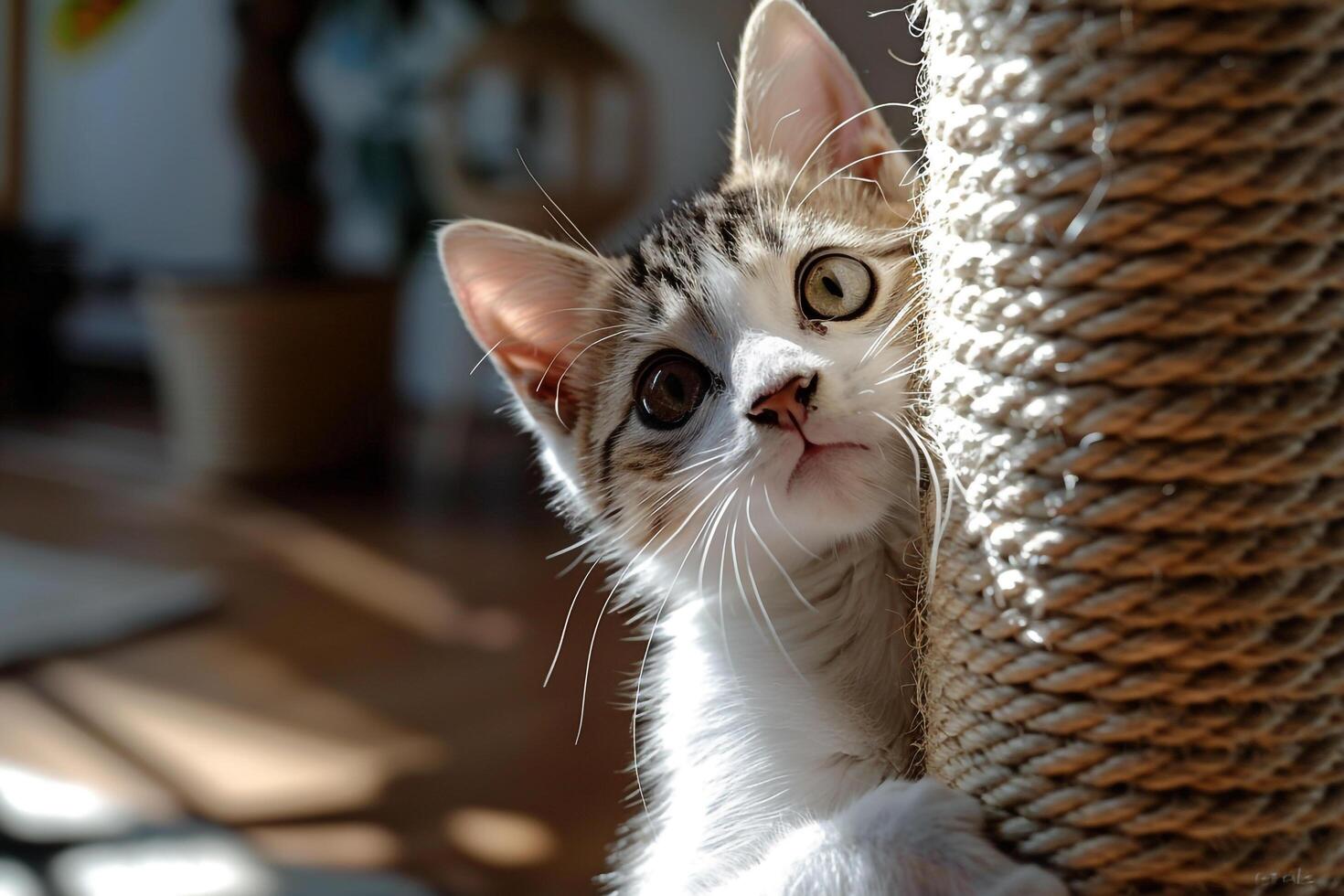 White Tabby Cat Engaged with a Scratching Post background photo