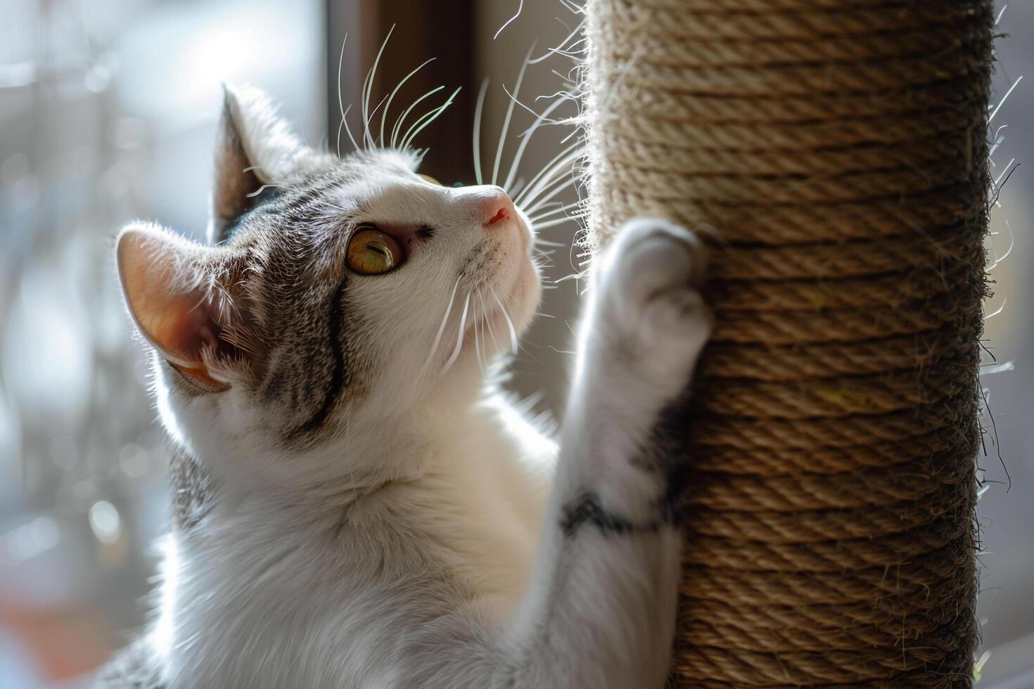 White Tabby Cat Investigating a Scratching Post background photo