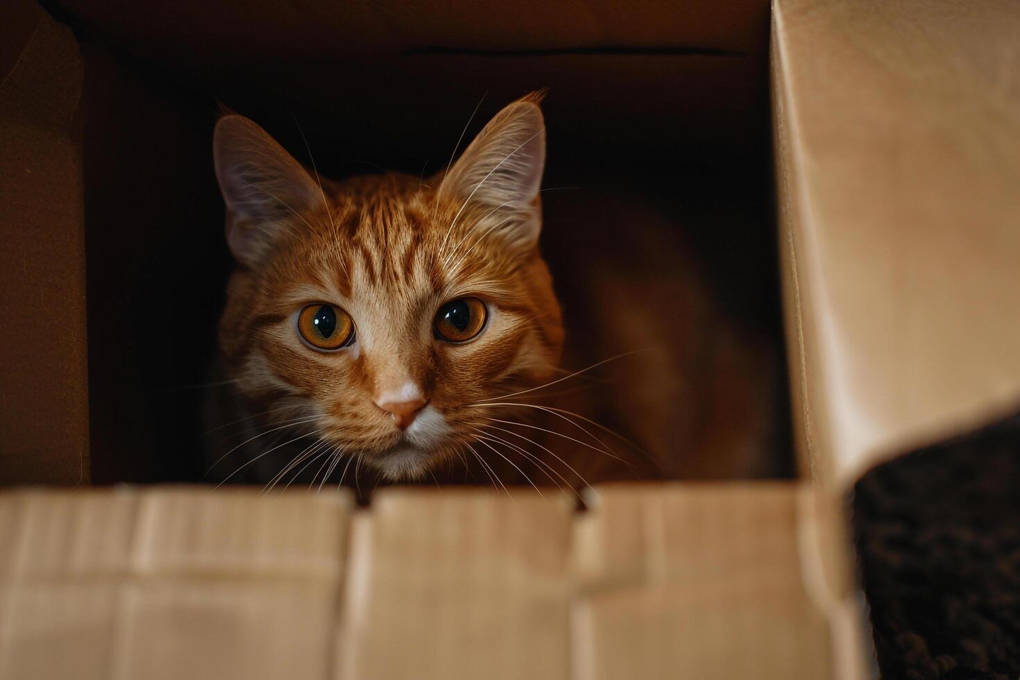 Tabby Cat Joyfully Playing with a Cardboard Box background photo