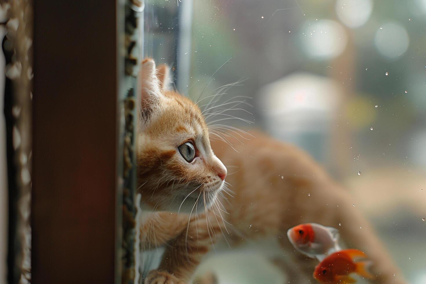 Tabby Kitten Exploring an Open Fish Tank background photo