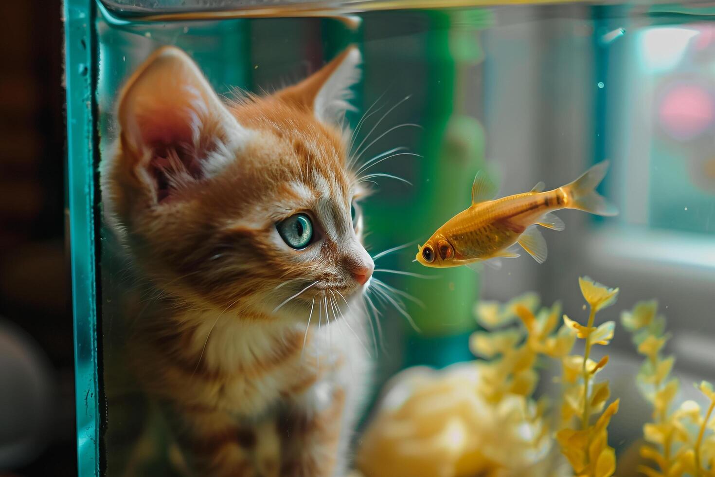 Tabby Kitten Engaged with Fish Tank Exploration background photo